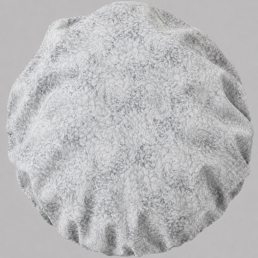 Flat-lay of the gray floral bouffant scrub cap — fabric detail showing tonal white and silver rose print