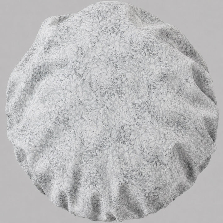 Flat-lay of the gray floral bouffant scrub cap — fabric detail showing tonal white and silver rose print