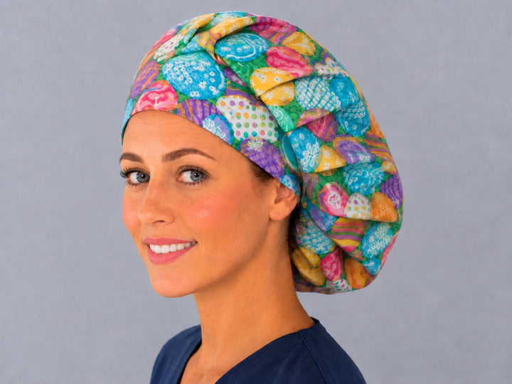 Green Easter bouffant surgical cap for long hair, left angled view — deep gathered fit that secures thick or braided hair