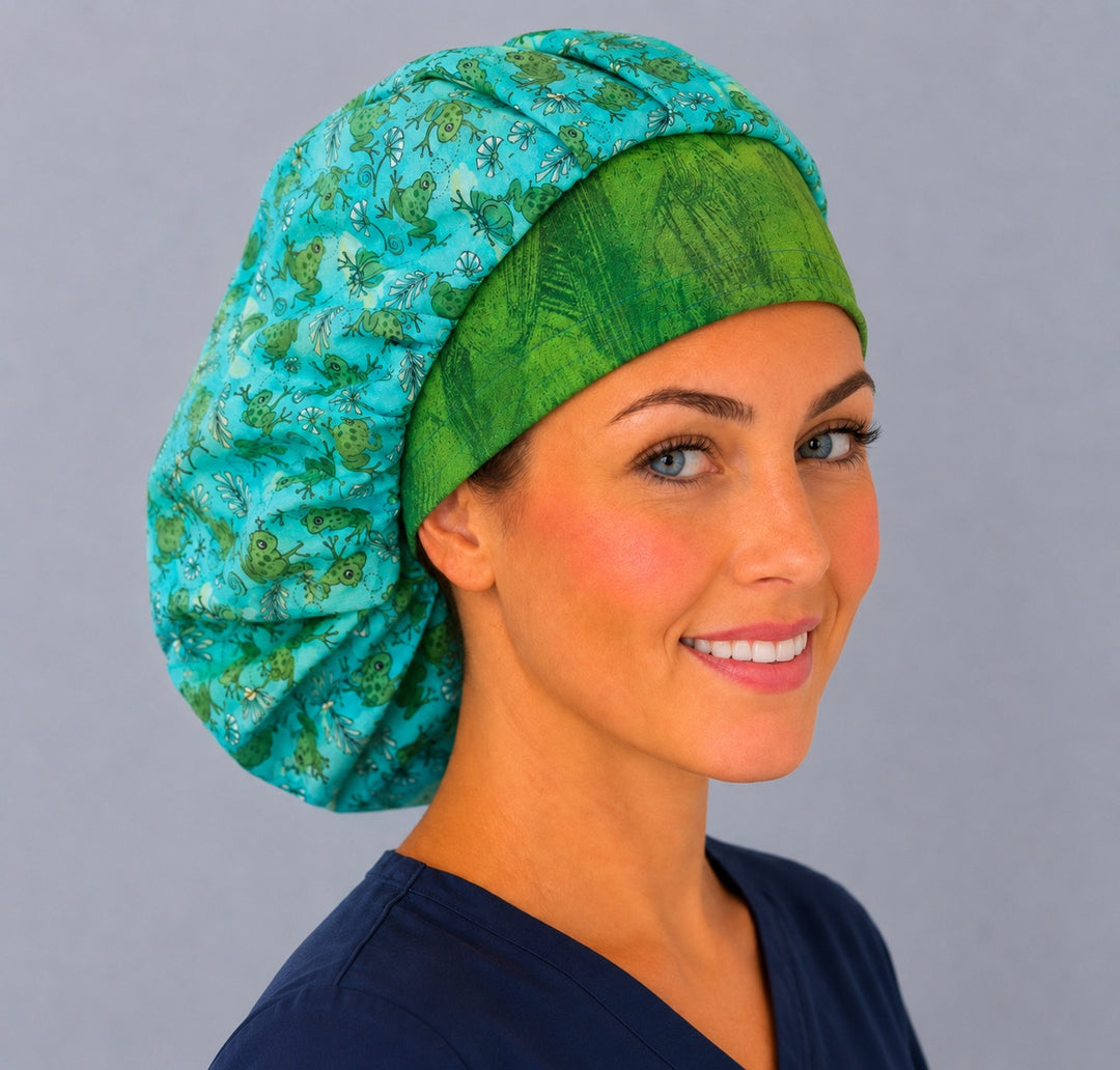 Green frog bouffant surgical cap angled view on a smiling animal lover — cheerful frog print bouffant scrub hat for women, breathable cotton