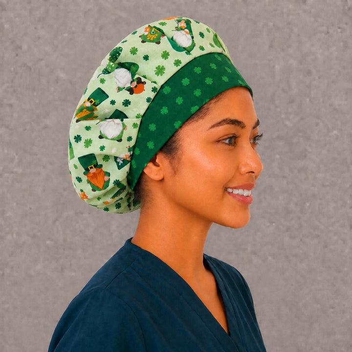 Green gnome bouffant surgical cap for long hair, right side profile — deep gathered fit that secures thick or braided hair