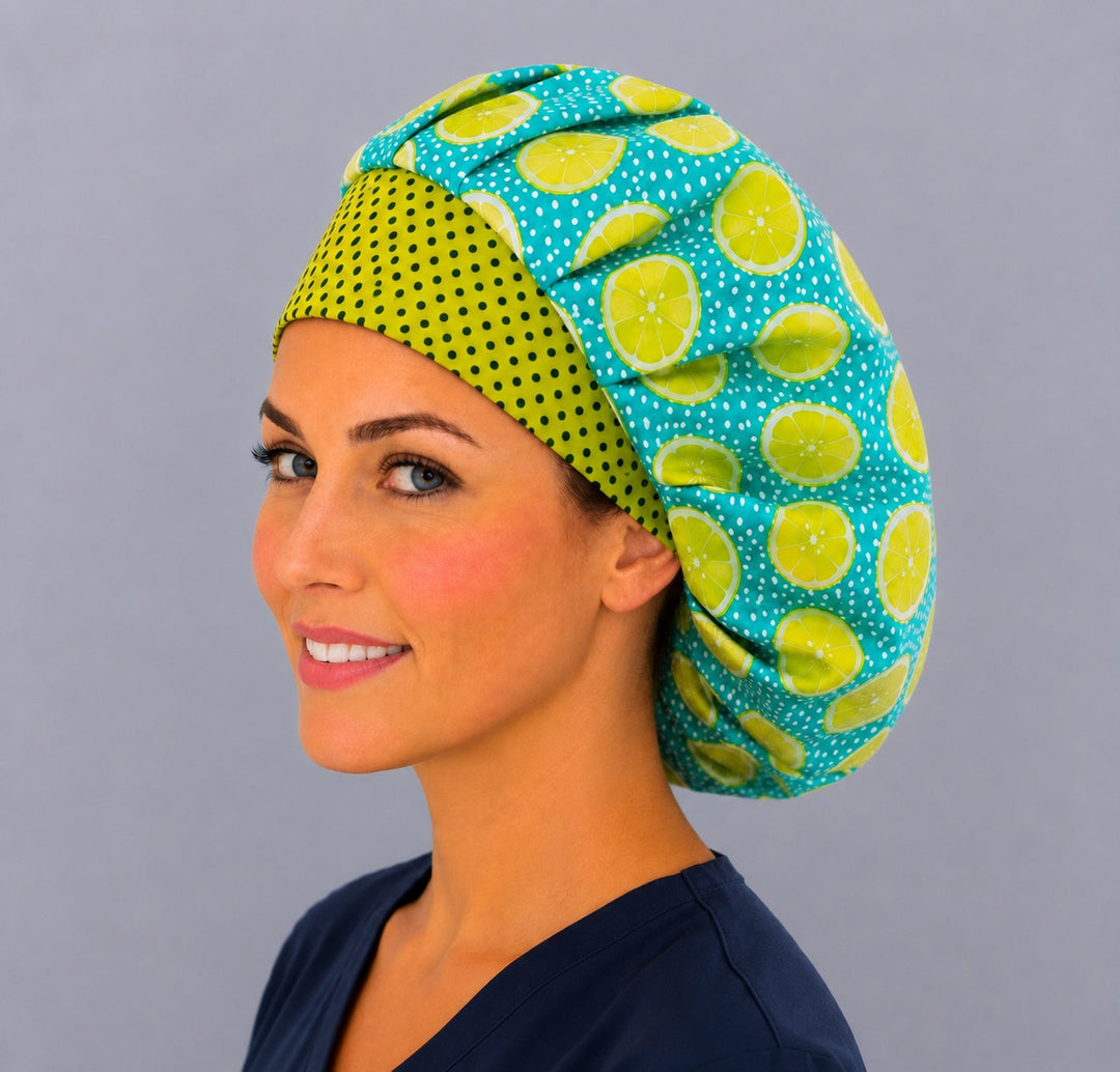 Green lime bouffant surgical hat side smile — summer citrus print roomy cap for nurses and surgical techs, adjustable elastic fit
