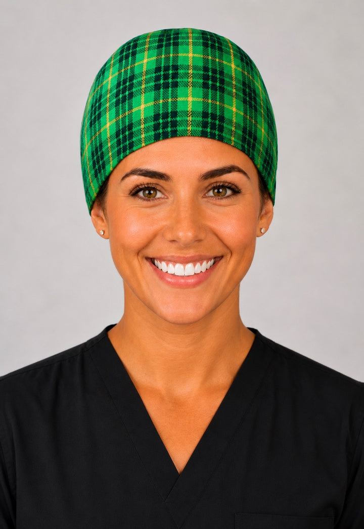 Back view of adjustable tie-back knot on green plaid Irish tartan unisex surgical hat