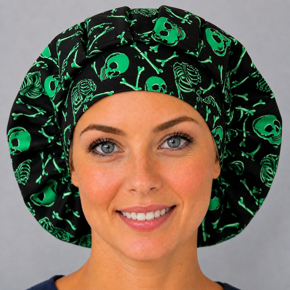 Right side profile of the green skull and bone bouffant surgical hat — ribcage and crossbones print, roomy breathable cotton cap for nurses