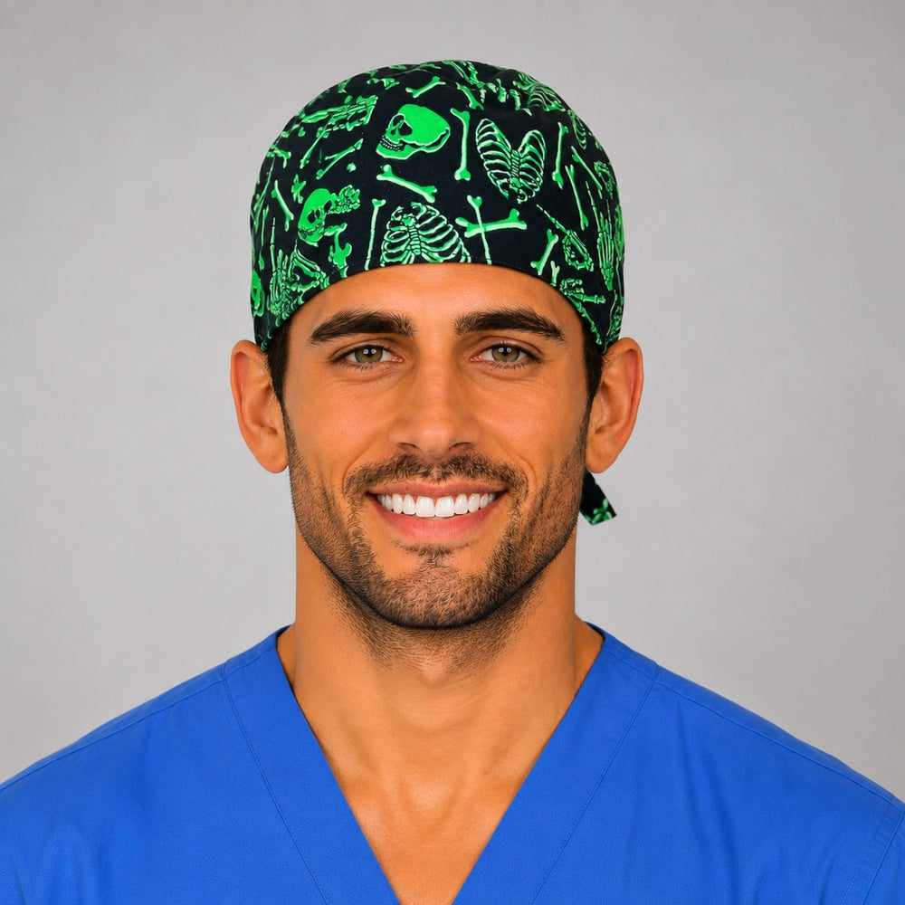Back view of the neon green skull tie-back scrub cap — skeleton bones on black, spooky OR nurse cap, adjustable fit