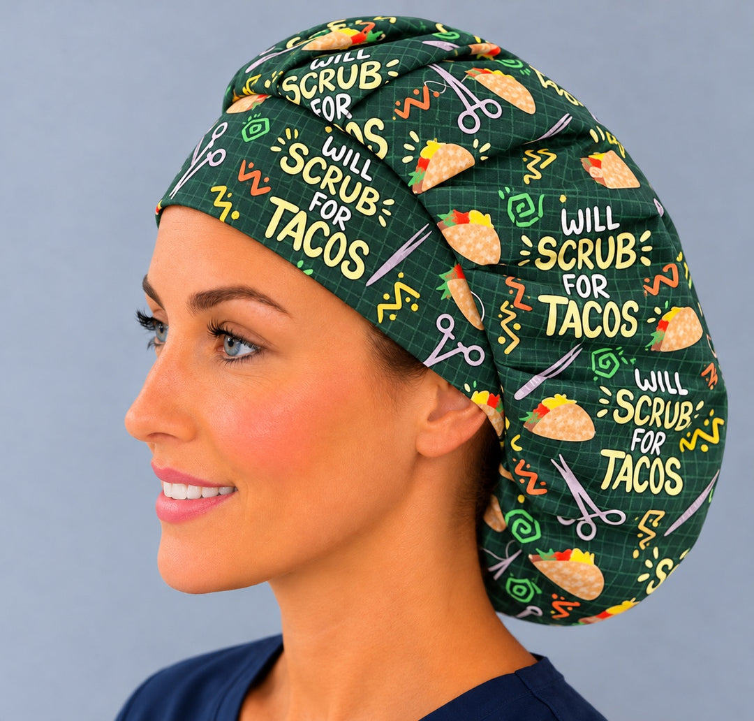 Opposite side profile of a green taco bouffant OR cap in 100% cotton, showing deep gathered volume that holds long, thick hair