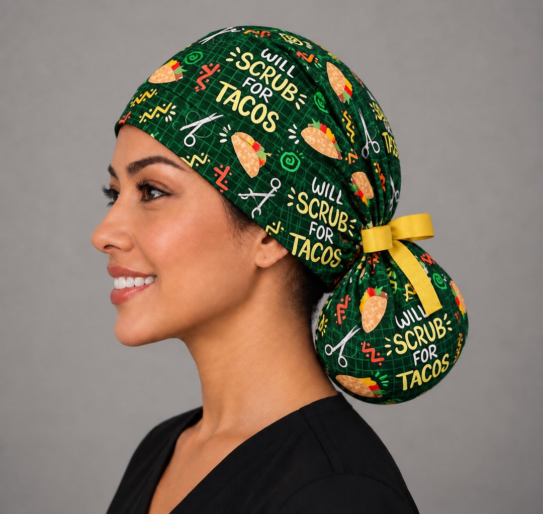 Opposite side profile of a green taco ponytail OR cap in 100% cotton, with the Will Scrub for Tacos slogan printed right on the pouch