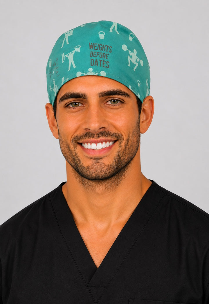 Gym Life Weights Before Dates scrub cap with teal weightlifter print, handmade men&