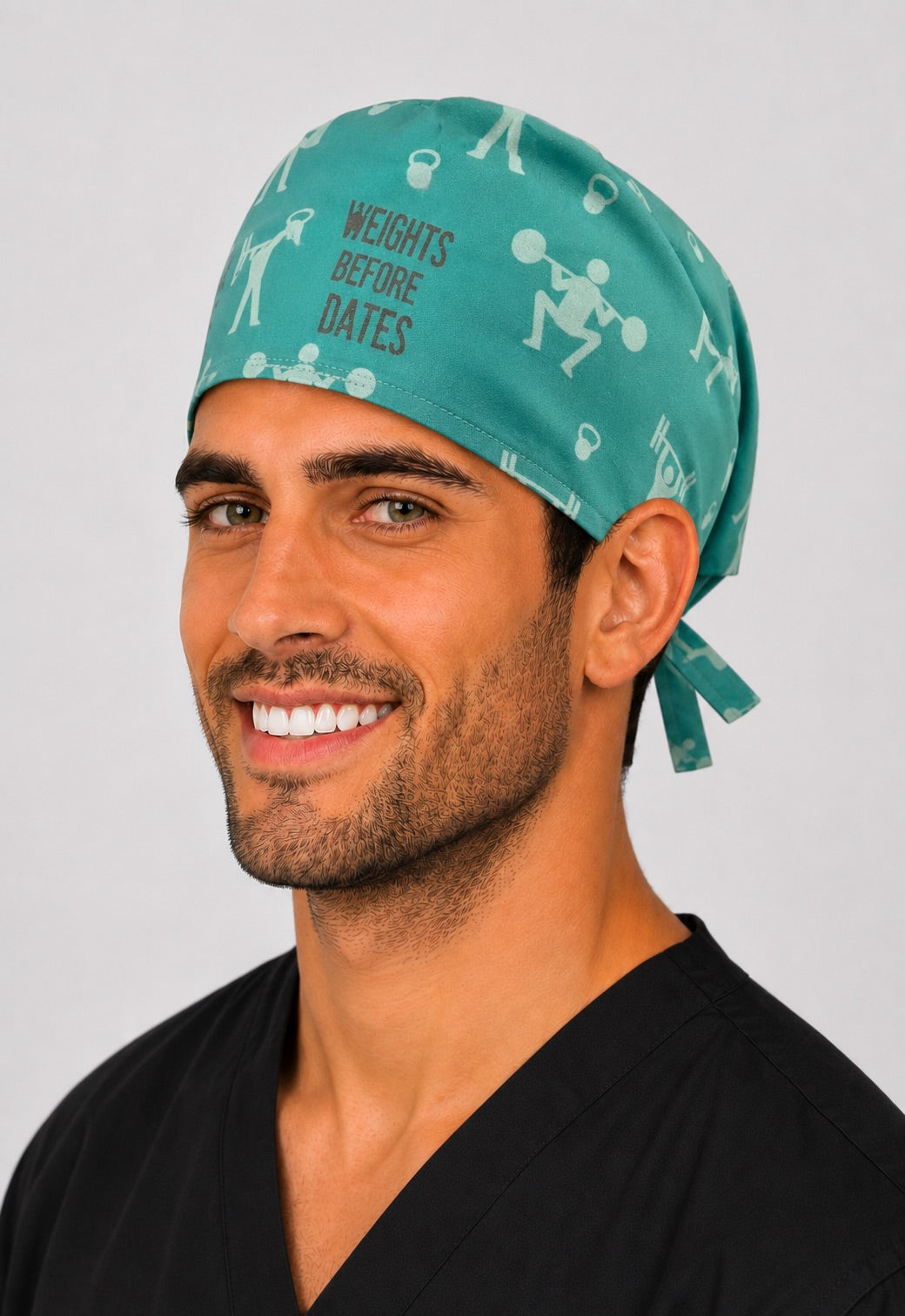 Left profile of Gym Life Weights Before Dates men's tie-back scrub cap, funny fitness OR surgical hat handmade in the USA