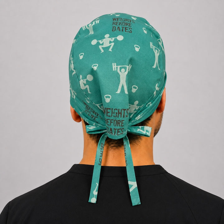 Back view of adjustable tie-back knot on Gym Life Weights Before Dates workout scrub cap surgical hat for men