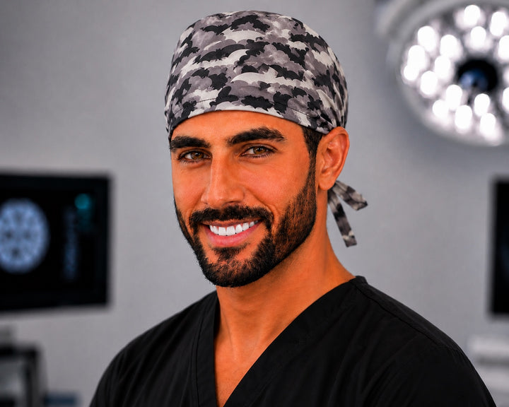 Back view of adjustable tie-back knot on gray Halloween bats scrub cap surgical hat for men