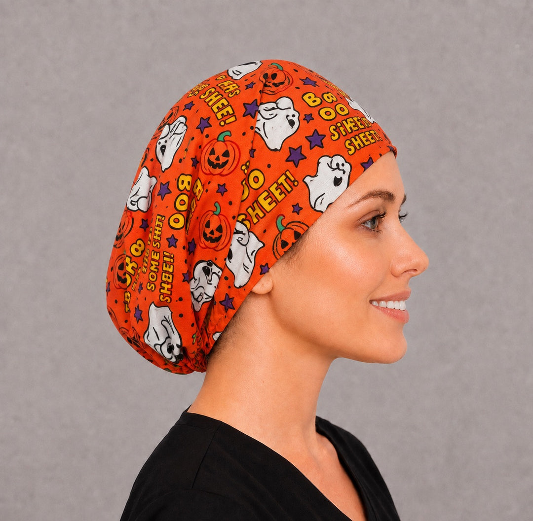 Halloween Boo Sheet Euro cap, right side profile — handmade orange ghost print surgical cap, USA made