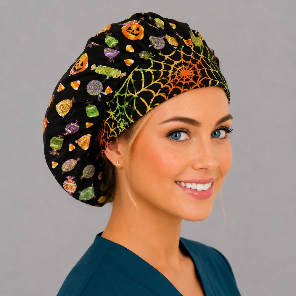 Halloween candy and pumpkin bouffant surgical cap right three-quarter angle showing candy corn, jack-o-lanterns and rainbow spiderweb band on black, OR World