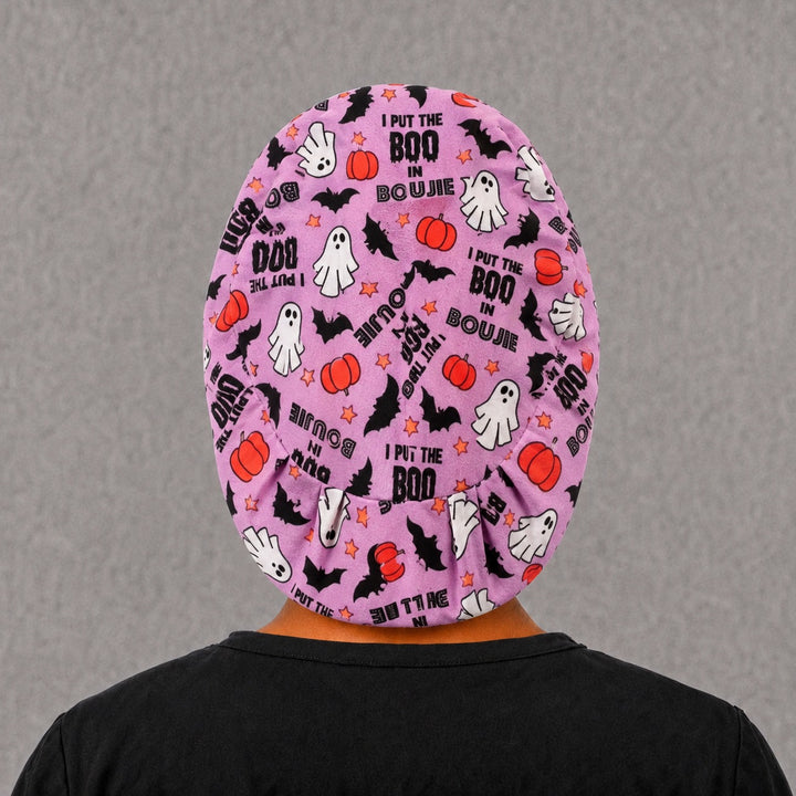 Halloween ghost and bat Euro scrub cap, left side profile — pink spooky season print, breathable cotton cap