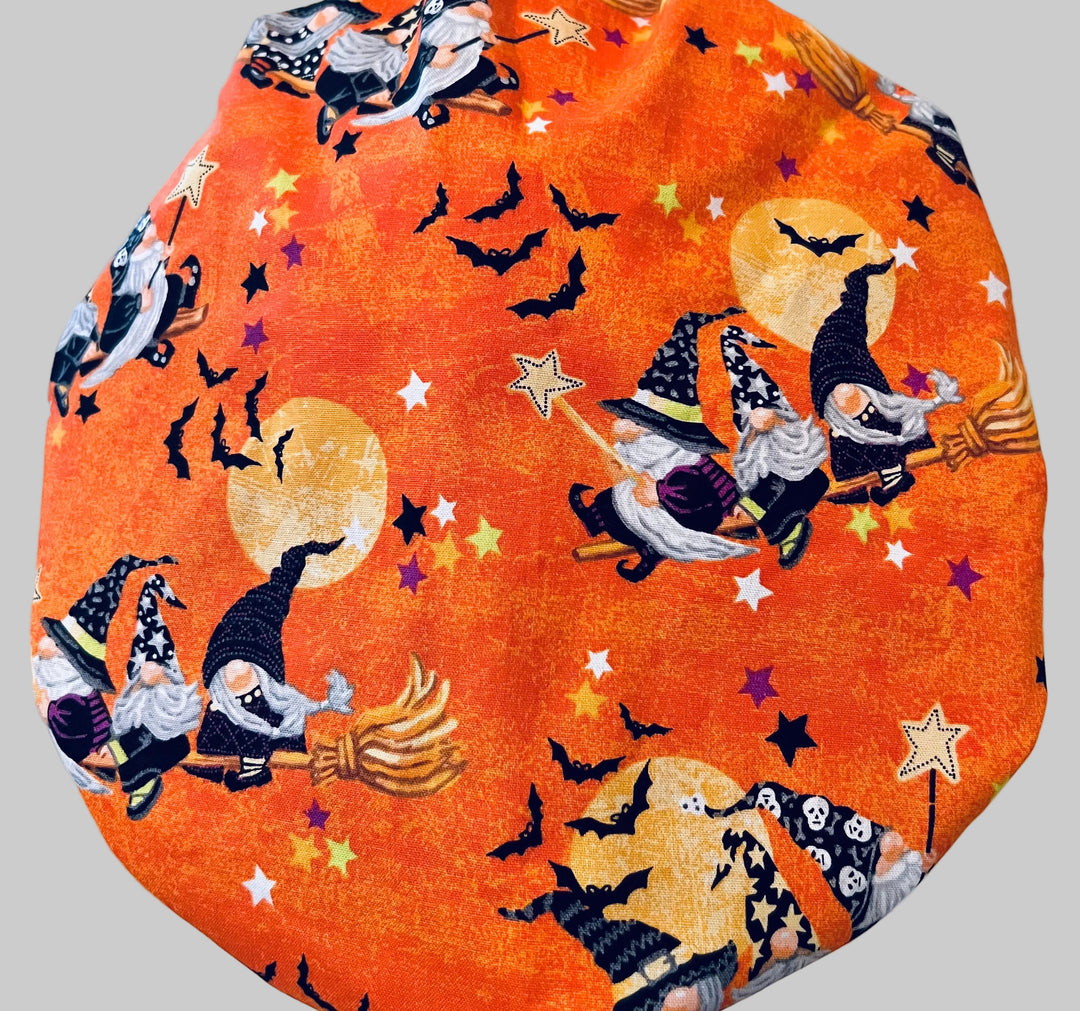 Halloween Gnome Bouffant Scrub Cap | Fall Nurse Cap | Orange Witch Gnome Surgical Hat | Adjustable Unisex Nurse Gift back view