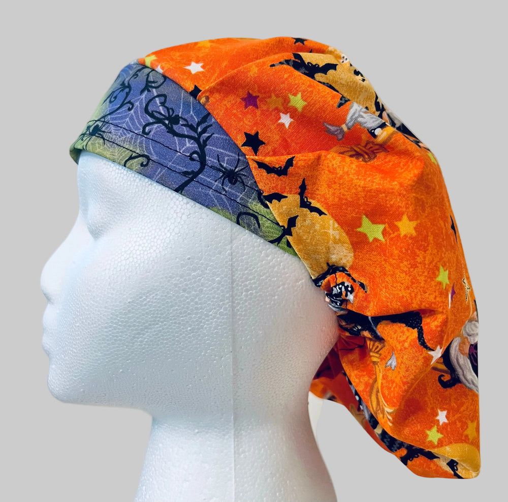 Halloween Gnome Bouffant Scrub Cap | Fall Nurse Cap | Orange Witch Gnome Surgical Hat | Adjustable Unisex Nurse Gift left side view