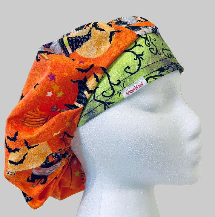 Halloween Gnome Bouffant Scrub Cap | Fall Nurse Cap | Orange Witch Gnome Surgical Hat | Adjustable Unisex Nurse Gift  right side view