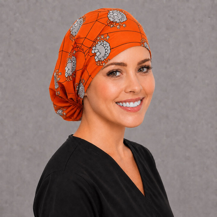 Halloween monster Euro surgical cap, left angled view — elastic gathered back with full head coverage