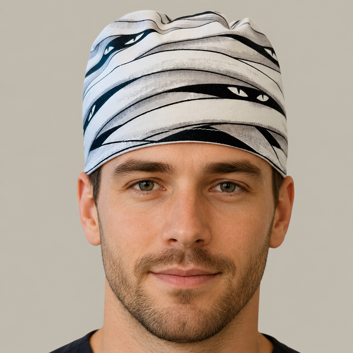Scrub Cap Halloween Mummy | Adjustable Surgical Cap for Nurses &amp; Surgeons | Satin Lining Option | Fall Nurse Hat | front view