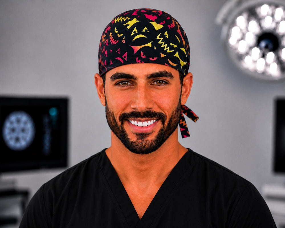Side profile of neon jack-o'-lantern Halloween men's scrub cap, adjustable tie-back surgical hat for surgeons and techs