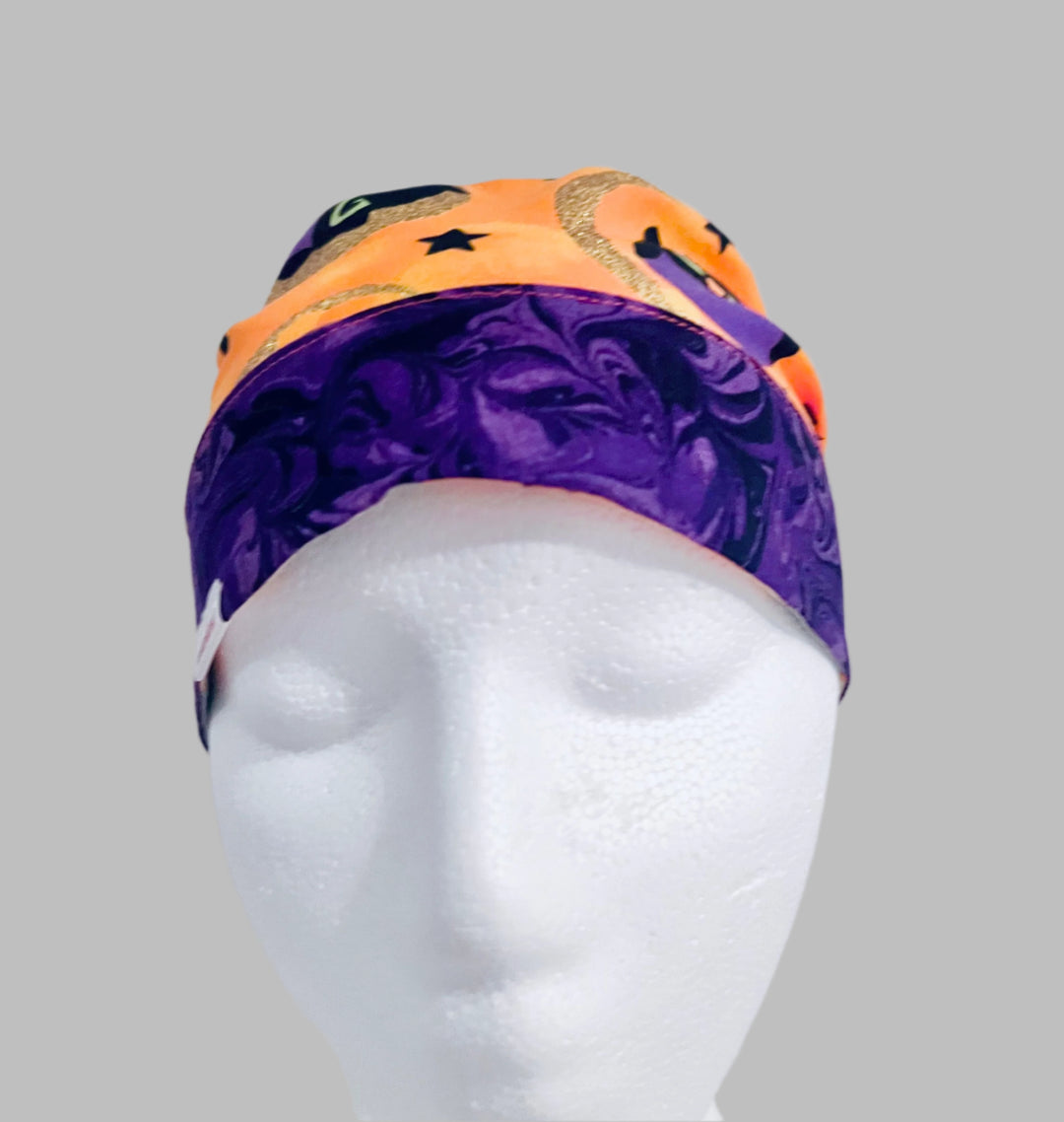 Halloween Owl Ponytail Scrub Cap | Orange &amp; Purple Fall Nurse Cap | Witch Owl Surgical Hat | Adjustable Nurse Gift | front view