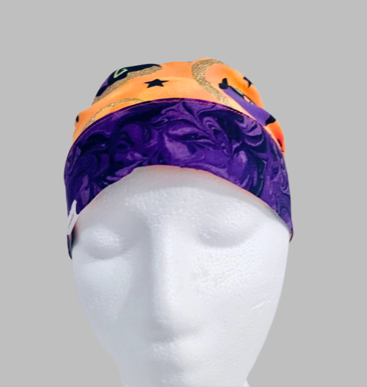 Halloween Owl Ponytail Scrub Cap | Orange &amp; Purple Fall Nurse Cap | Witch Owl Surgical Hat | Adjustable Nurse Gift | front view