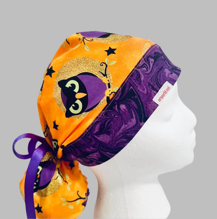 Halloween Owl Ponytail Scrub Cap | Orange &amp; Purple Fall Nurse Cap | Witch Owl Surgical Hat | Adjustable Nurse Gift | right side view