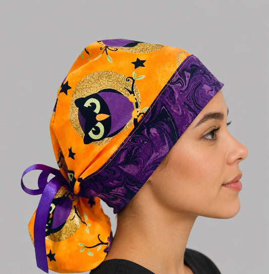 Halloween Owl Ponytail Scrub Cap | Orange & Purple Fall Nurse Cap | Witch Owl Surgical Hat | Adjustable Nurse Gift | right side view