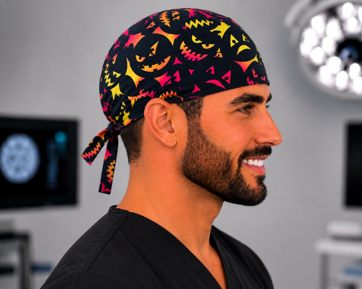 Halloween pumpkin faces scrub cap with neon jack-o&