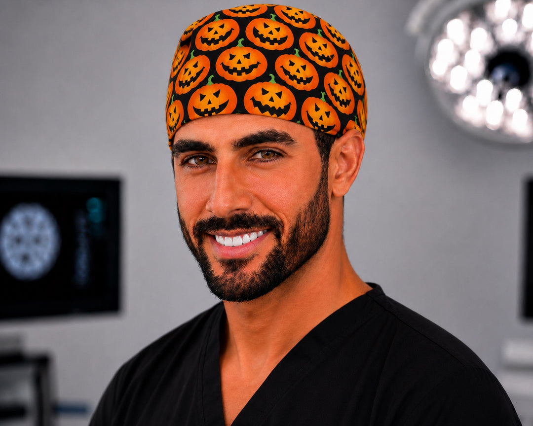 Halloween jack-o'-lantern fall harvest men's tie-back scrub cap, pumpkin OR surgical hat handmade in the USA, front view