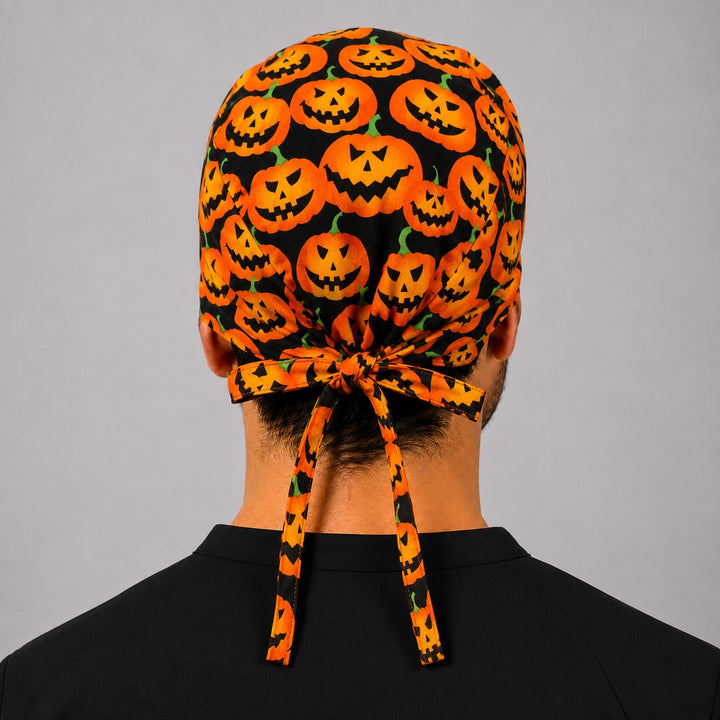 Back view of adjustable tie-back knot on Halloween carved pumpkin jack-o&
