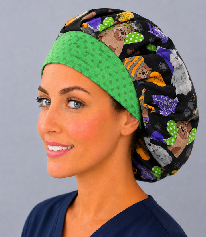 Halloween puppy bouffant scrub cap, left angled view — dogs in witch hats and pumpkin costumes for OR nurses and vet techs