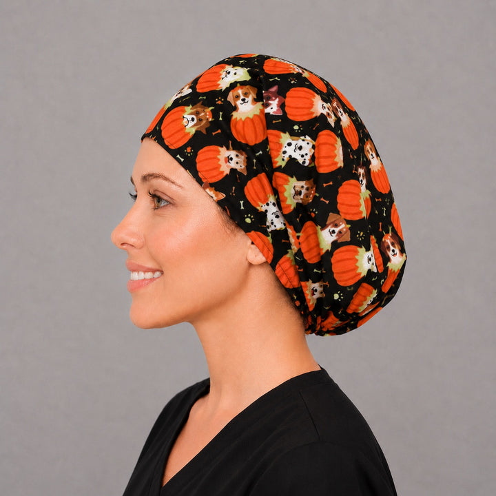 Halloween puppy Euro cap, left side profile — handmade black and orange dog print surgical cap, USA made