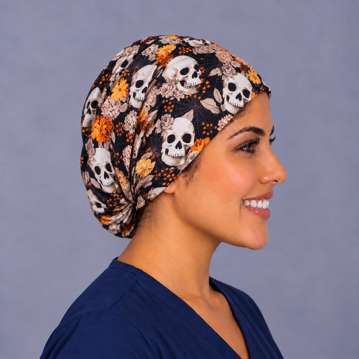 Side profile of a Halloween skull euro surgical hat, showing the adjustable elastic back gathered low at the nape for full coverage