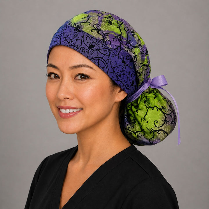 Halloween spider ponytail scrub cap right side profile showing gathered pouch of black spiders and webs on purple and lime green with purple ribbon tie