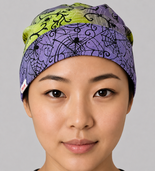 Halloween Spider Ponytail Scrub Cap – Fall Nurse Ponytail Hat, Autumn Surgical Cap, Halloween Operating Room Cap with Adjustable Ribbon Tie | front view