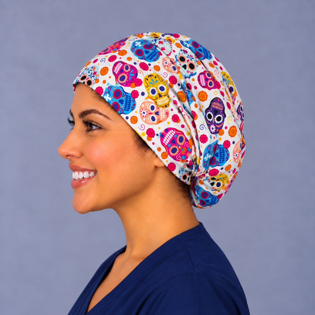 Left side profile of a Halloween sugar skull OR cap in 100% cotton, showing the deep euro crown with room for long hair or a bun