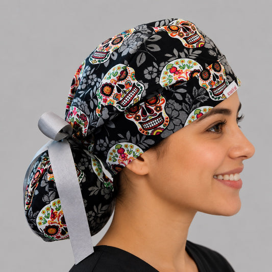 Sugar Skull Halloween Ponytail Scrub Cap | Day of the Dead Nurse Hat | Fall Surgical Cap for Women | right side view