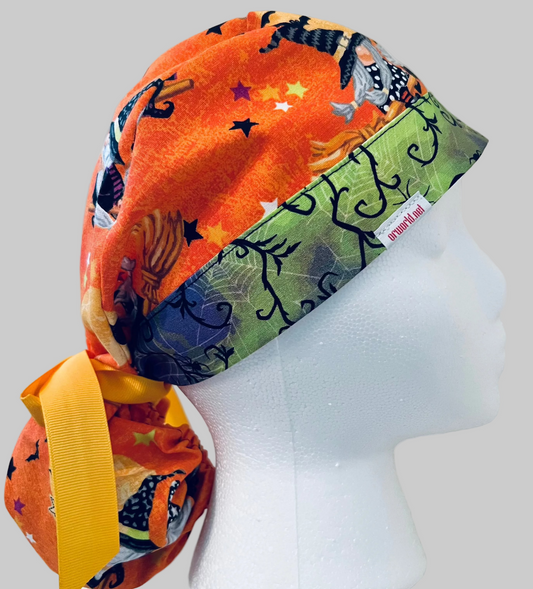 Halloween Witch Gnome Ponytail Scrub Cap | Fall Nurse Gift | Adjustable Surgical Cap with Yellow Ribbon Tie | right side view
