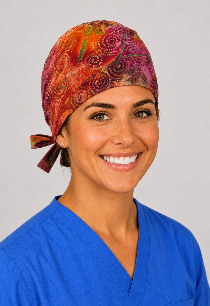 Hand dyed sunset batik scrub cap in berry and orange dot swirl, OR hat for midwives and vet techs