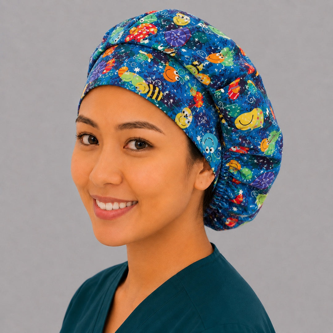 Happy bugs bouffant cap for women, opposite side profile — whimsical insect garden print, handmade cotton surgical cap, USA made