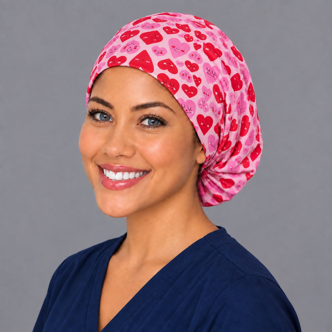 Happy heart Euro surgical hat, right angled smiling view — handmade kawaii heart face print cap, USA made