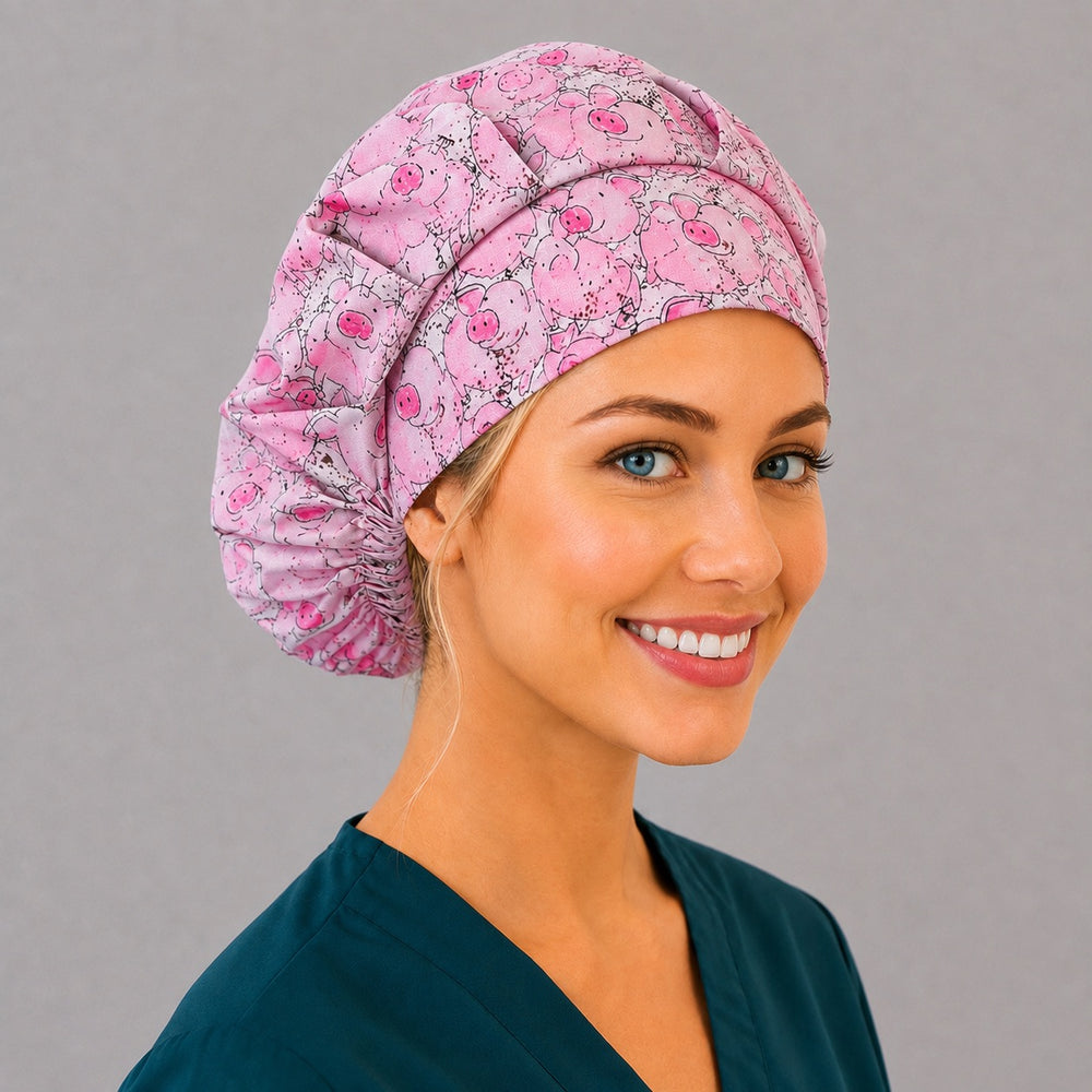 Happy pig bouffant surgical cap for long hair, angled view — deep gathered fit that secures thick or braided hair