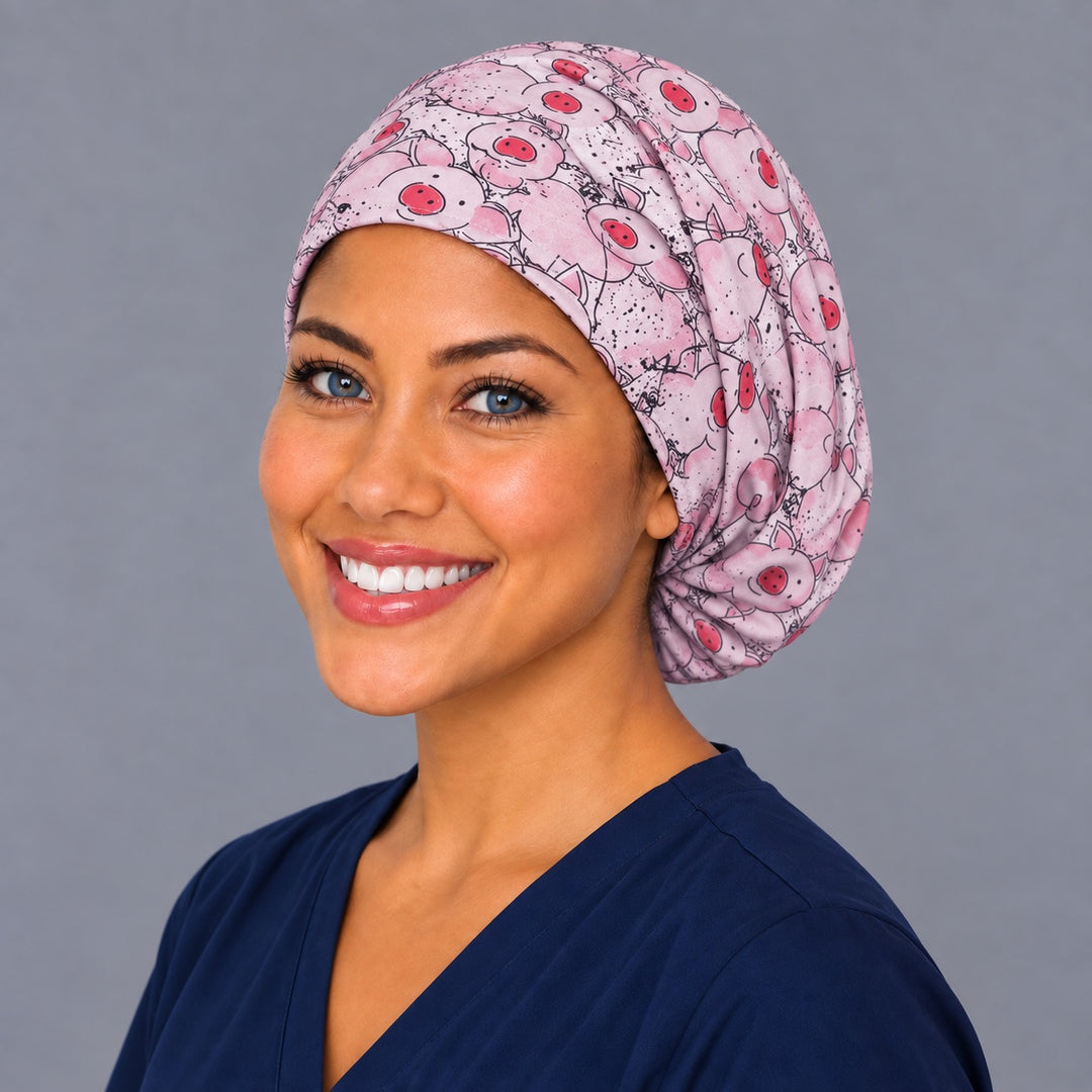 Happy pig Euro surgical cap, left angled view — elastic adjustable back that secures long or thick hair