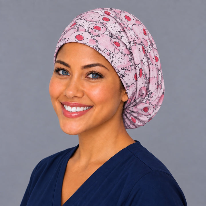 Happy pig Euro surgical cap, left angled view — elastic adjustable back that secures long or thick hair