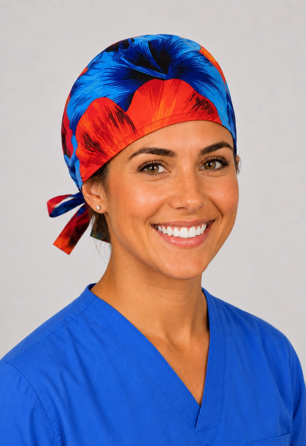 Left profile of Hawaii floral scrub cap for women with short hair, tropical island OR cap