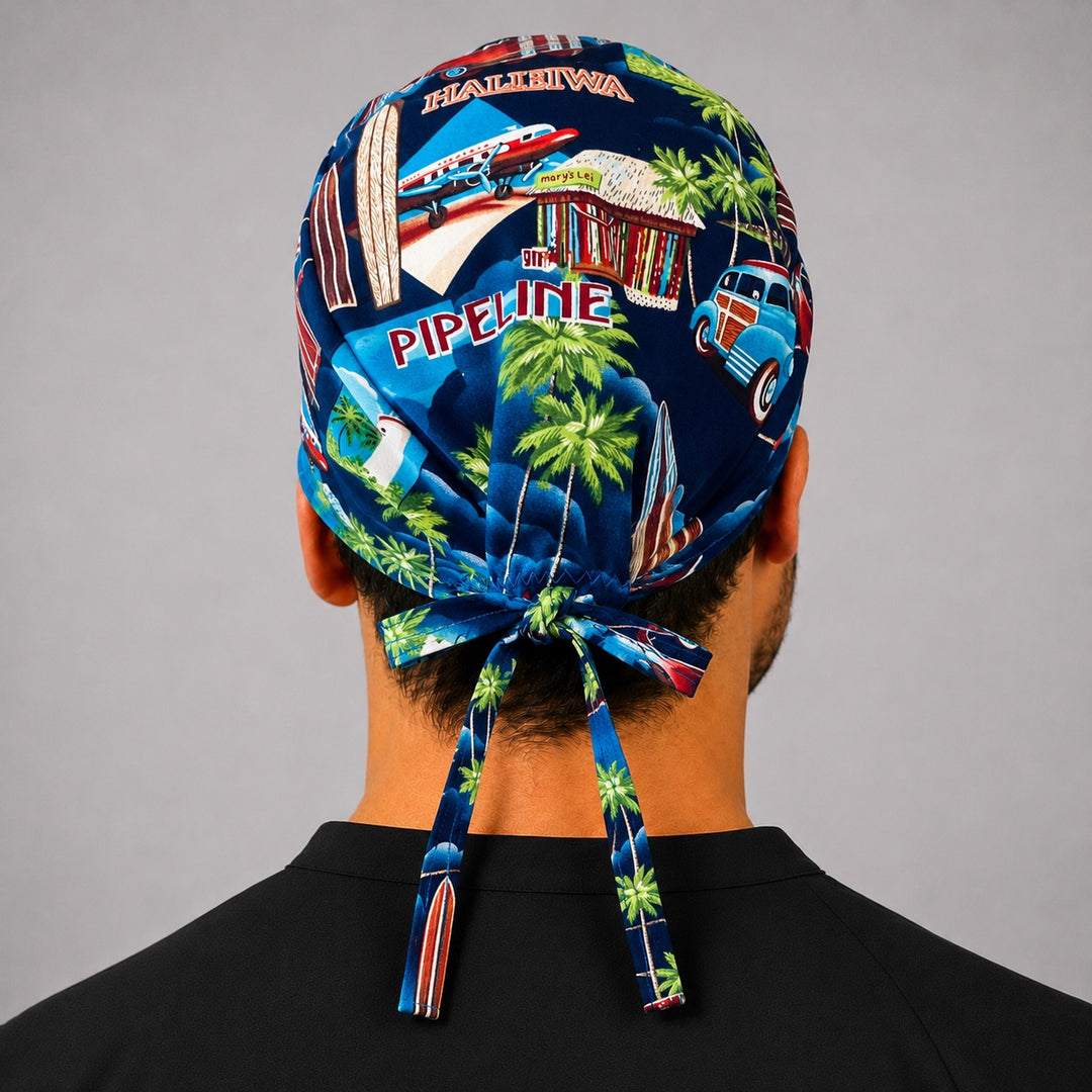 Back view of adjustable tie-back knot on Hawaii North Shore Pipeline surf tropical scrub cap surgical hat for men