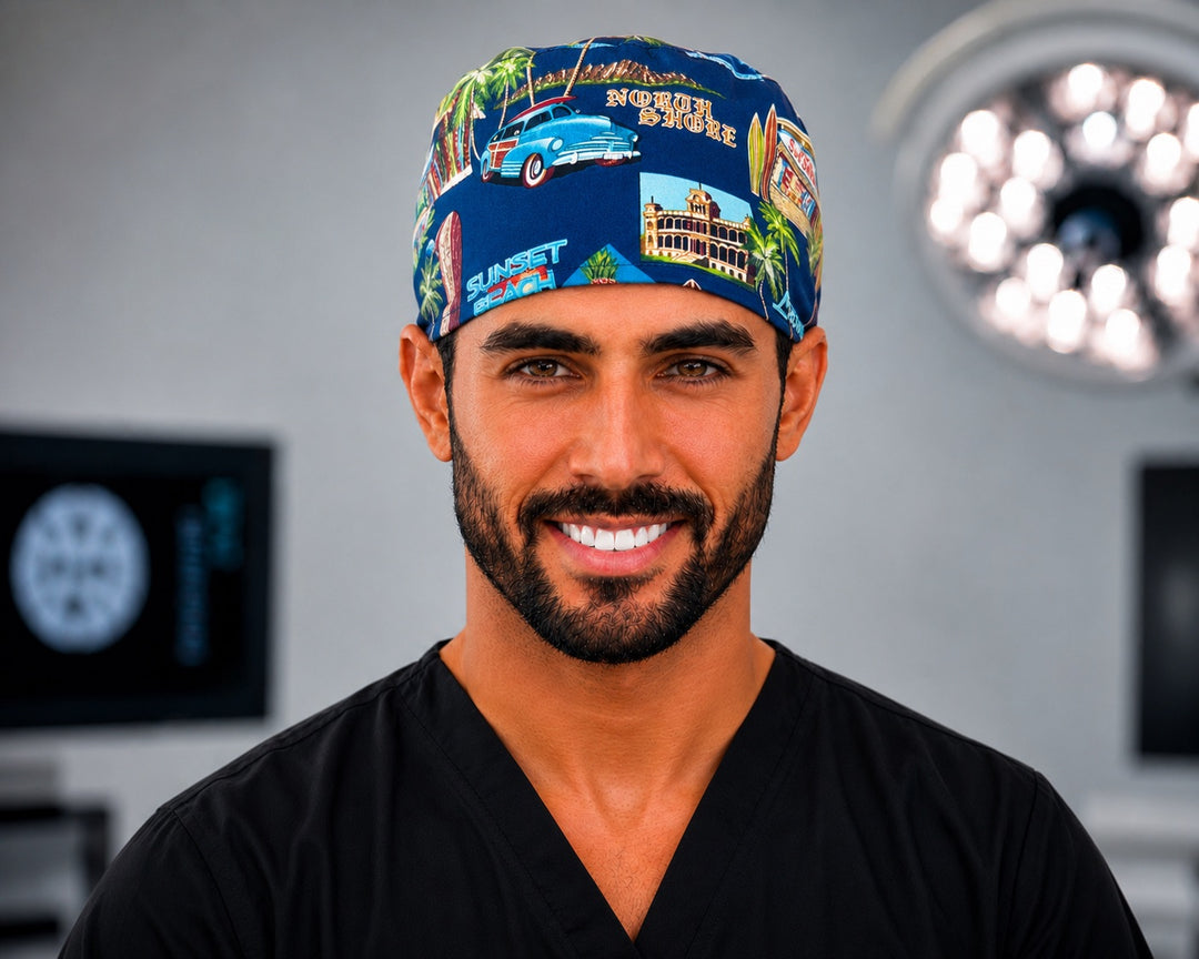 Hawaii North Shore scrub cap and Pipeline surf tropical surgical hat, handmade men&