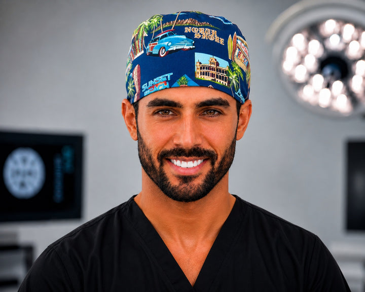 Hawaii North Shore scrub cap and Pipeline surf tropical surgical hat, handmade men&
