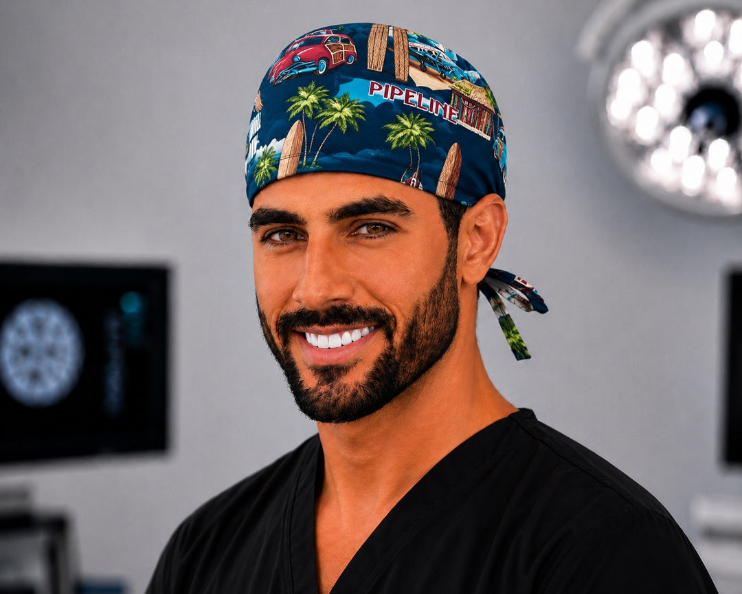 Hawaii Pipeline and Sunset Beach tropical men's tie-back scrub cap, surf OR surgical hat handmade in the USA, front view